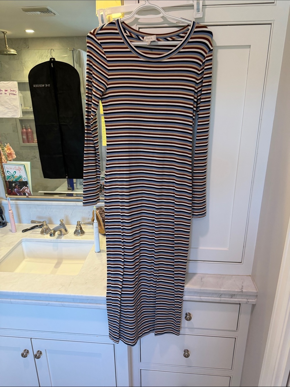 Matty M Striped Maxi Dress in Navy, White, Tan and Rust